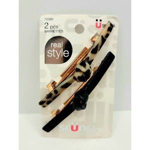 Scunci No Slip Grip Barrettes Set of 2 New Knot Bar Style Faux Tortoise Black